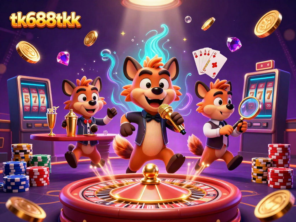 Experience vibrant gaming with tk688tkk's entertaining hyenas in a bustling casino scene.