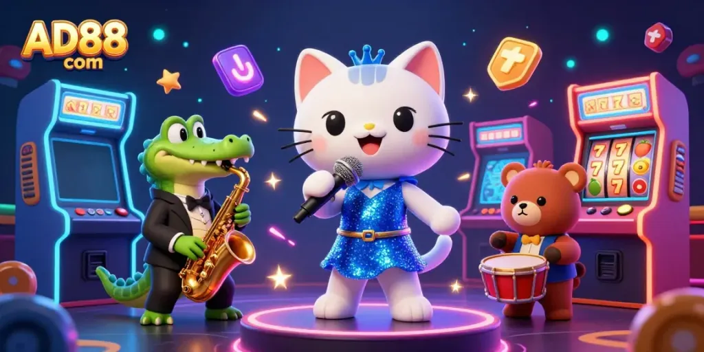 Experience the vibrant gaming world of AD88 com with jazz cats and colorful slot machines.