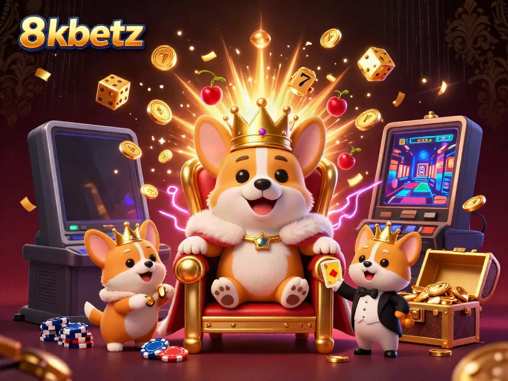 Experience the vibrant gambling world of 8xbetz with a royal corgi enjoying its throne, visually rich with casino elements.