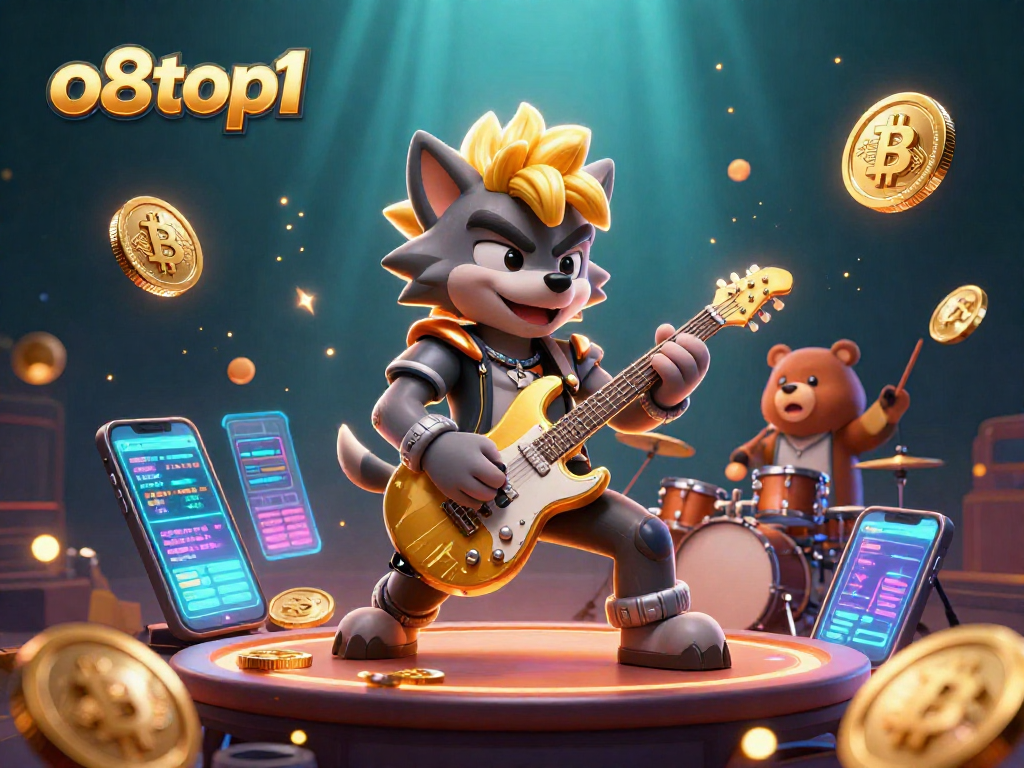 o8top1 showcases dynamic gaming action with a wolf rock star and a drummer bear in a vibrant casino scene.