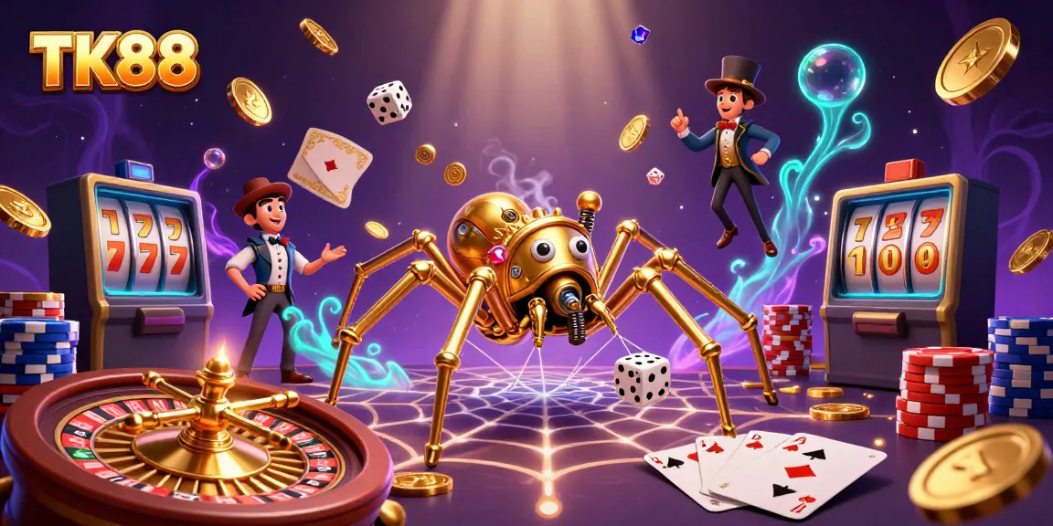 Experience TK88 with steampunk spider and fly in a vibrant casino scene full of excitement.