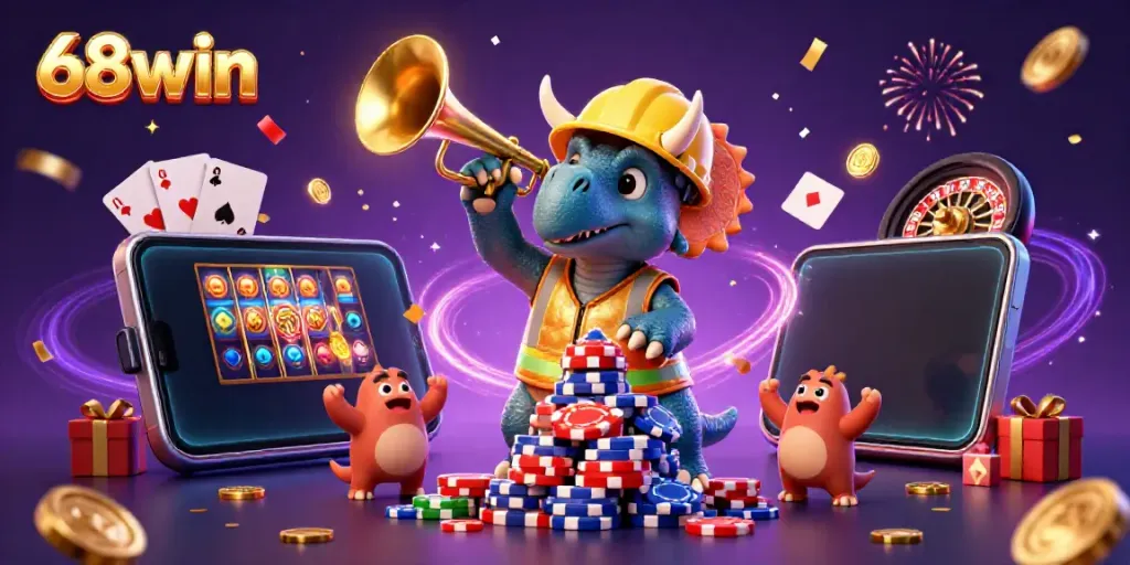 Experience excitement with 68win as a triceratops builds a poker chip pyramid, featuring vibrant casino elements.