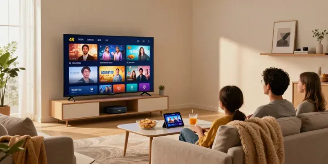 Miglior IPTV family enjoying 4K streaming on a large TV in a cozy living room.
