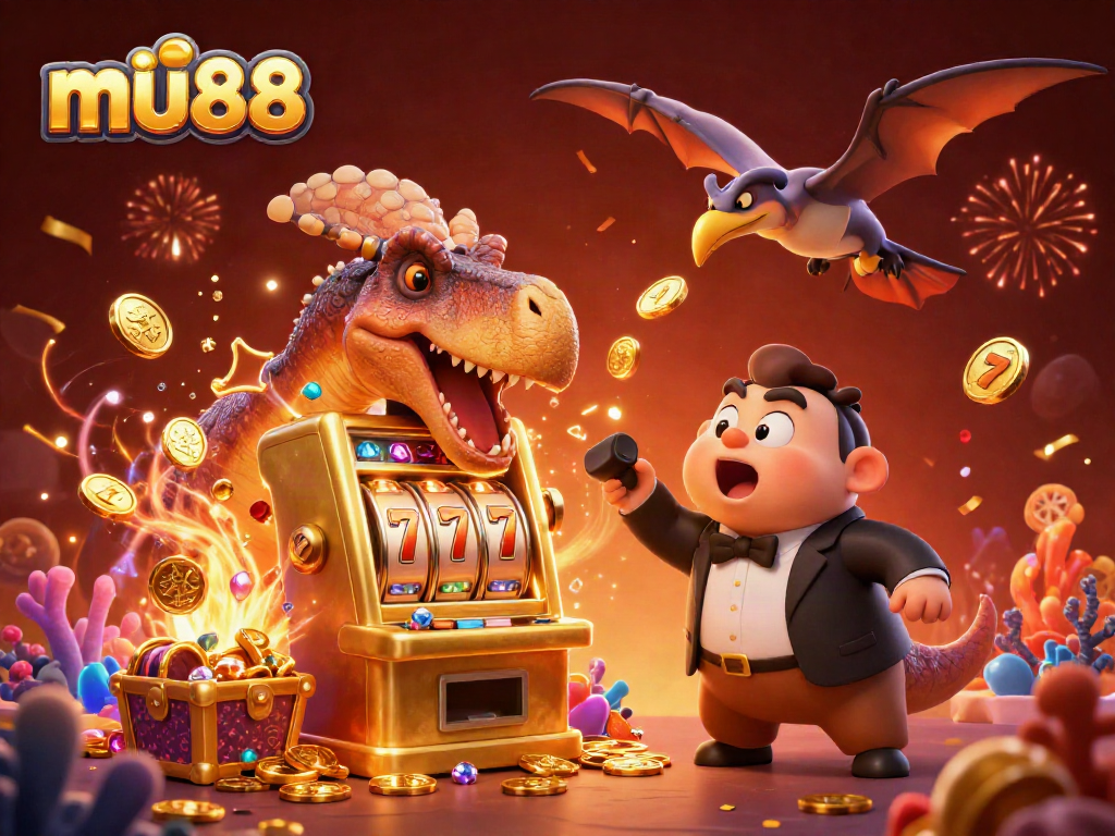 Catch the jackpot at mu88 with pachycephalosaurus headbutting a golden slot machine in a thrilling casino scene.