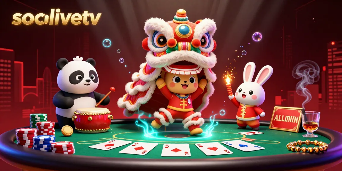 Experience the excitement of gambling with sociolivetv's vibrant 3D lion dance scene and engaging poker elements.