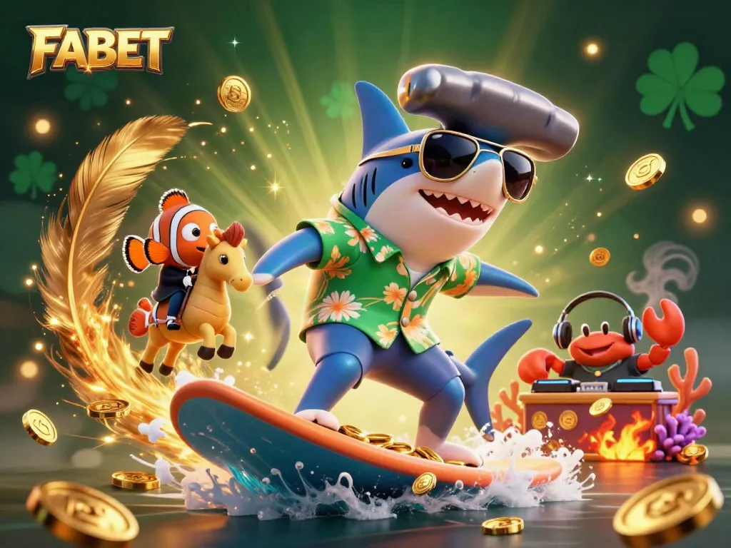 Join the FABET adventure with a shark surfing on gold coins, celebrating casino winnings!