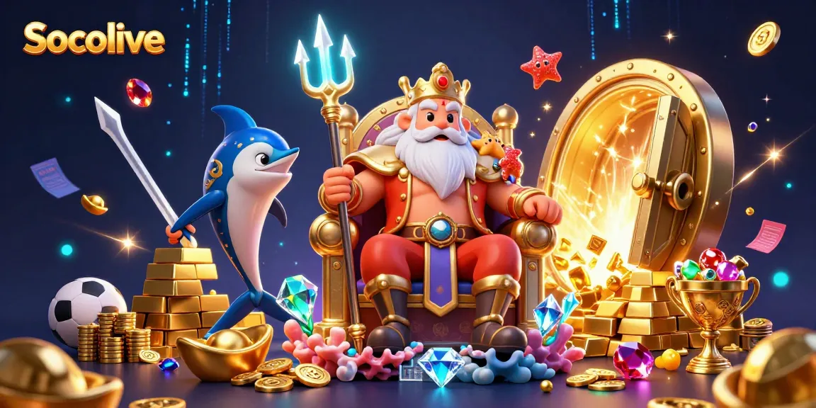 Socolive streams live sports events, showcasing a vibrant 3D scene filled with treasures, sports memorabilia, and interactive gaming excitement.