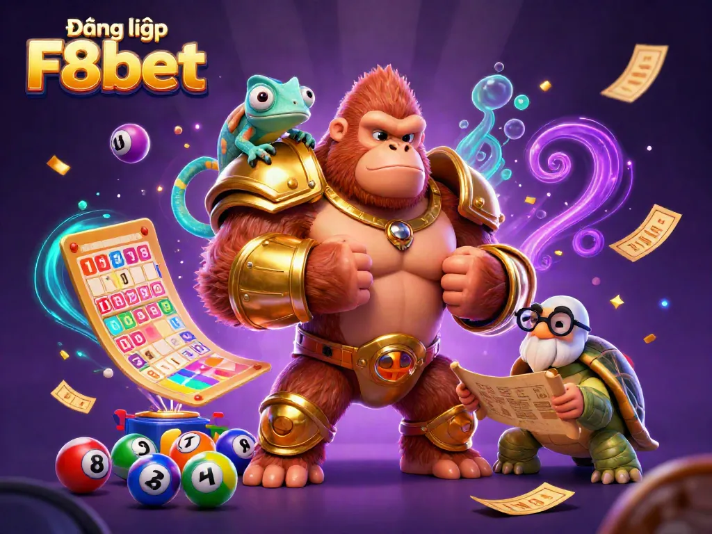 Engage in the thrill of Đăng nhập F8bet with a powerful gorilla, chameleon, and tortoise in a vibrant gaming scene.