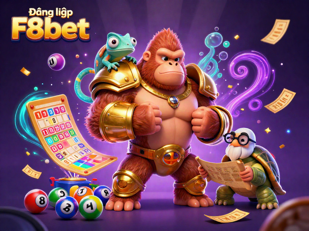 Engage in the thrill of Đăng nhập F8bet with a powerful gorilla, chameleon, and tortoise in a vibrant gaming scene.