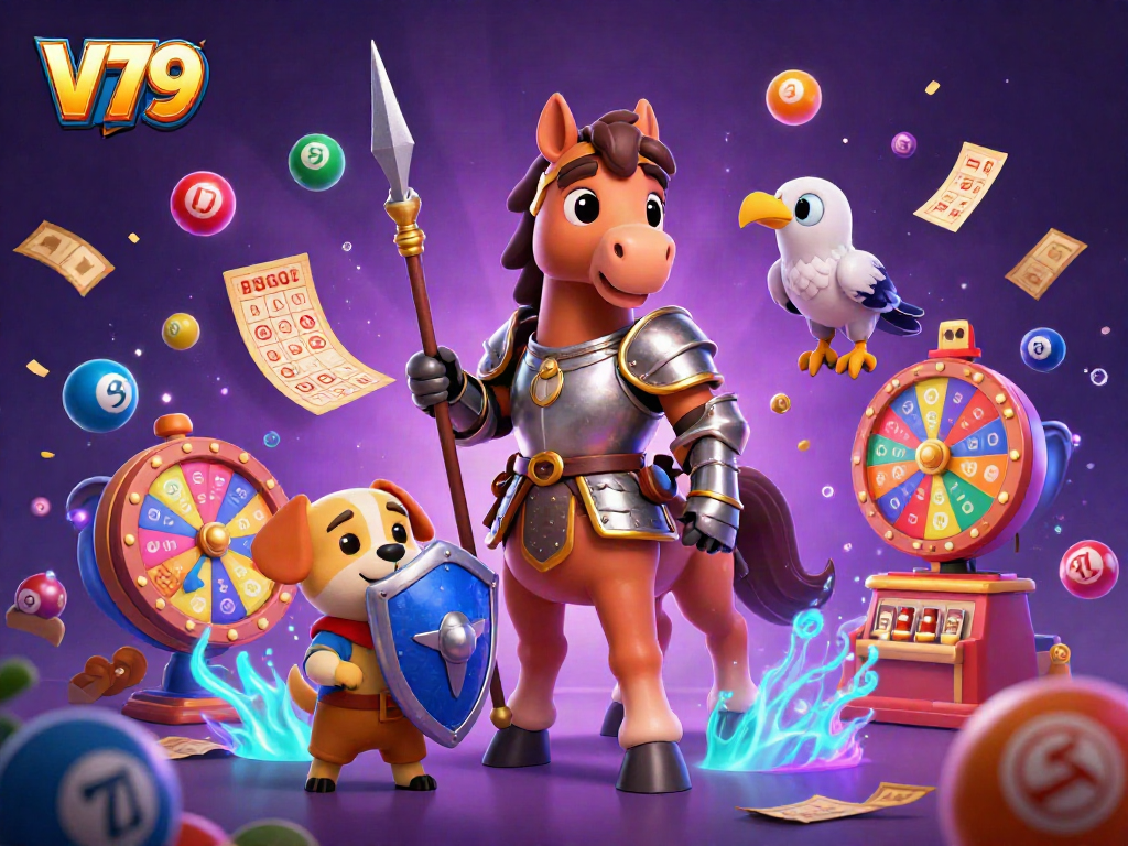 Engage in thrilling gaming at V79 with a vibrant casino scene featuring a knight, squire puppy, and lottery elements.