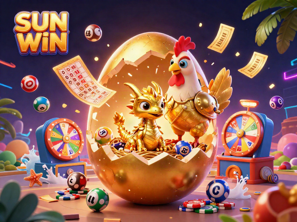 Engage in thrilling games at SUN WIN as the golden dragon reveals a jackpot of poker chips amidst vibrant animations.