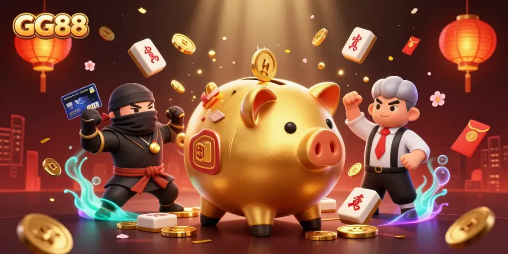 GG88 showcases a vibrant 3D scene of a golden piggy bank sumo wrestler surrounded by game elements.