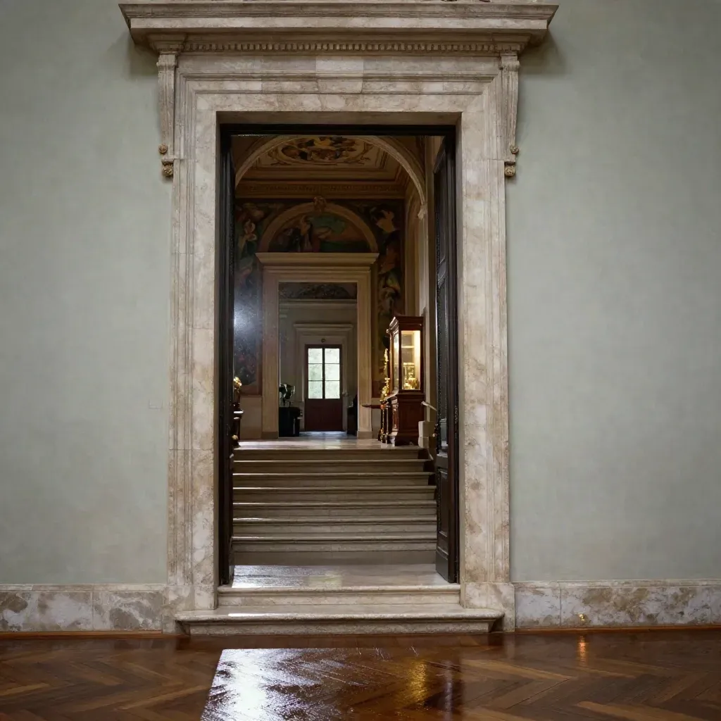 Ingresso monumentale di Casa Museo con scala in pietra umida e sala affrescata in controluce