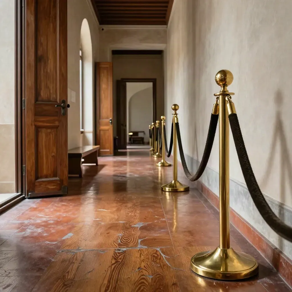 Corridoio museale con cordoni in ottone, porte aperte e panca in legno, luce calda lattiginosa.