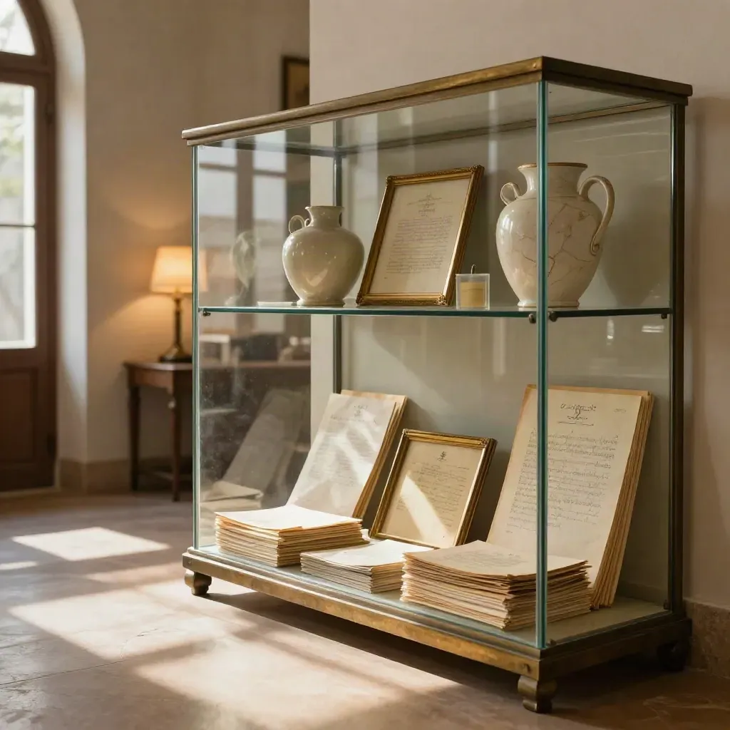 Teca in vetro con lettere d’archivio, ceramiche antiche e cornici sottili in luce calda.