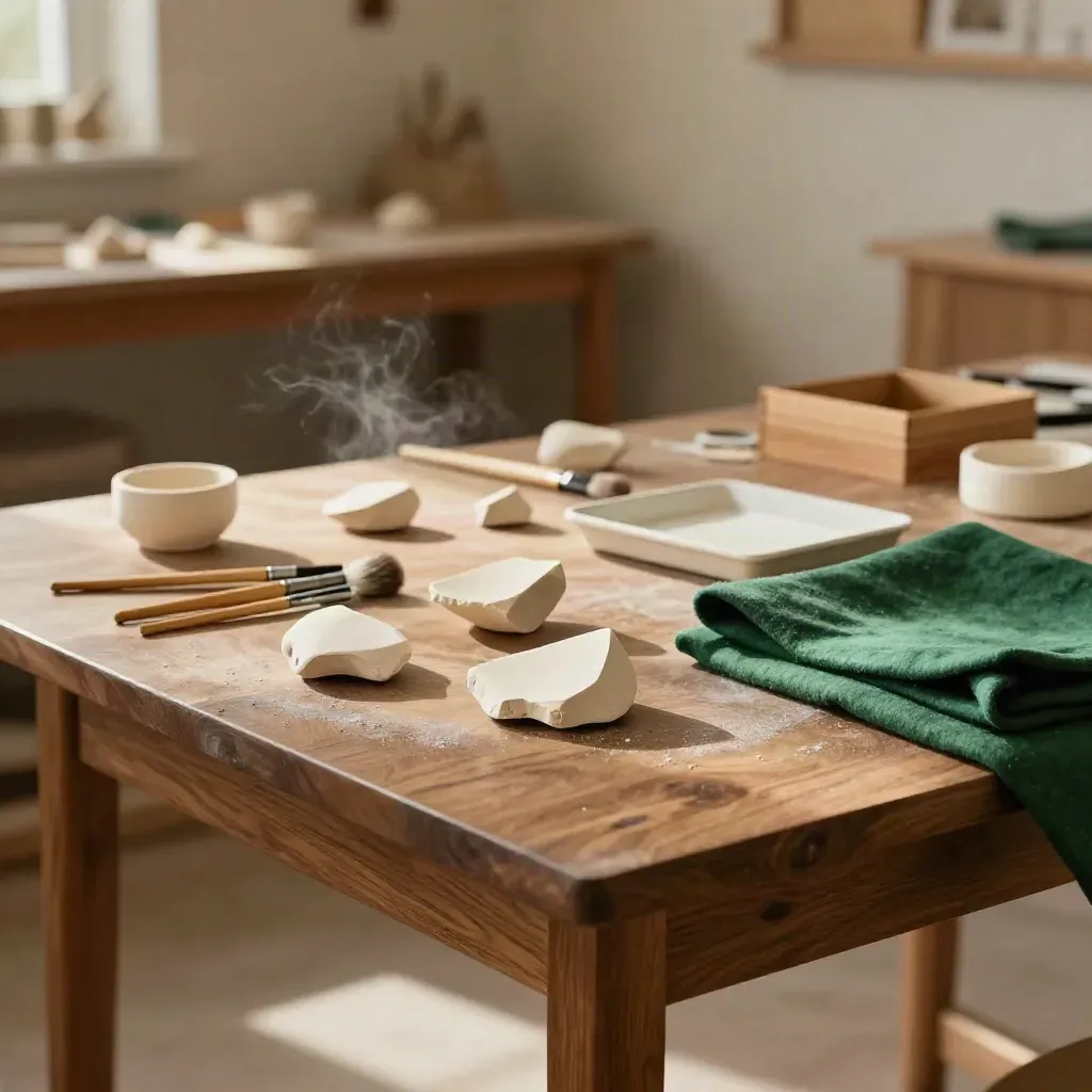 Tavolo didattico con frammenti ceramici replica, pennelli e scatole di legno in un museo.