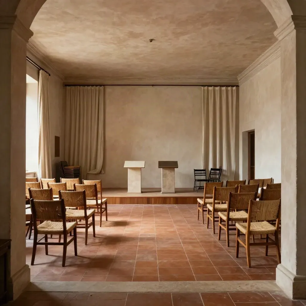 Sala eventi storica con sedie impagliate, pedana vuota, leggii e tende mosse dalla luce calda.