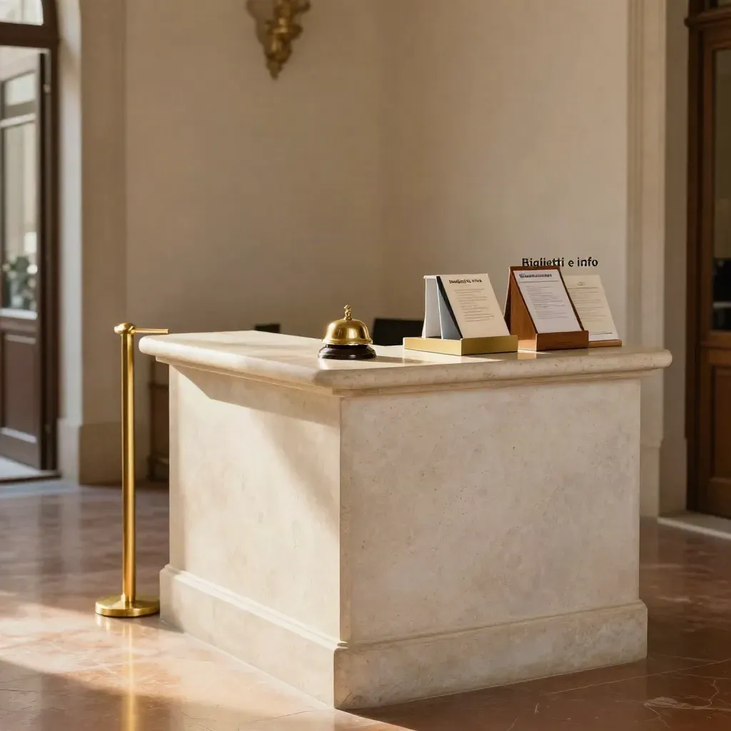Banco d’accoglienza del museo con campanello in ottone e porta-brochure ordinati.