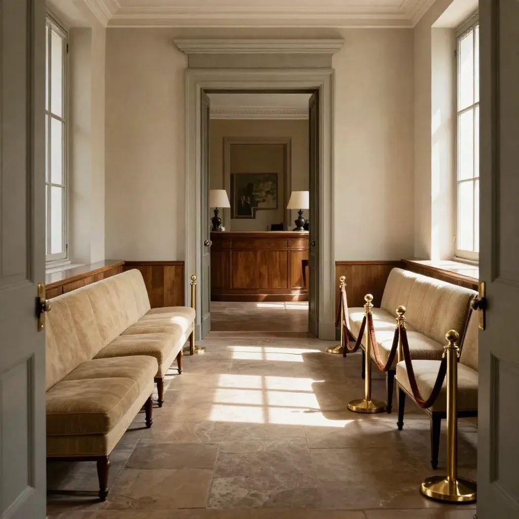 Sala visite con sedute ordinate, cordoni eleganti e porta aperta verso sale storiche