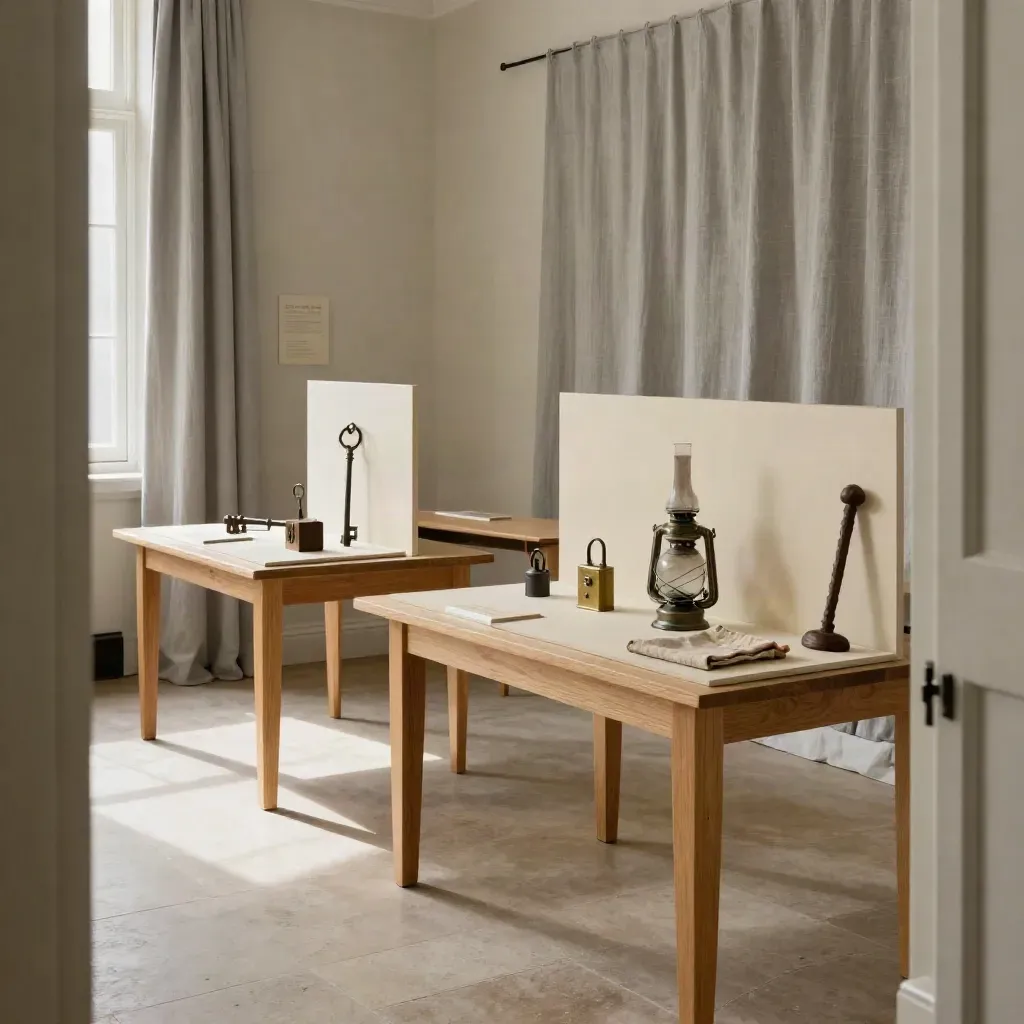 Sala per classi di Casa Museo con tavoli bassi, pannelli modulari e reperti replica pronti alla visita