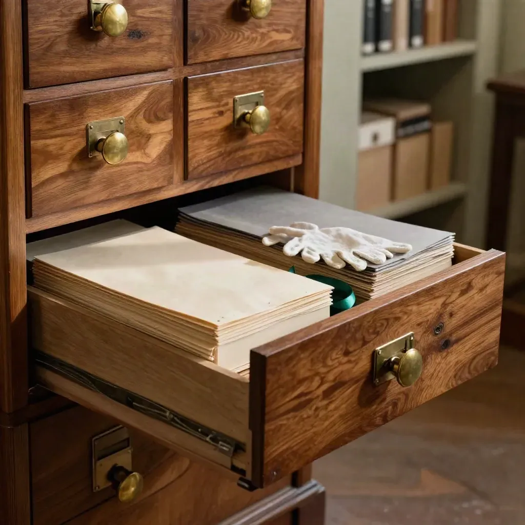 Cassetto archivio in legno aperto con cartelle, guanti e scatole di conservazione.