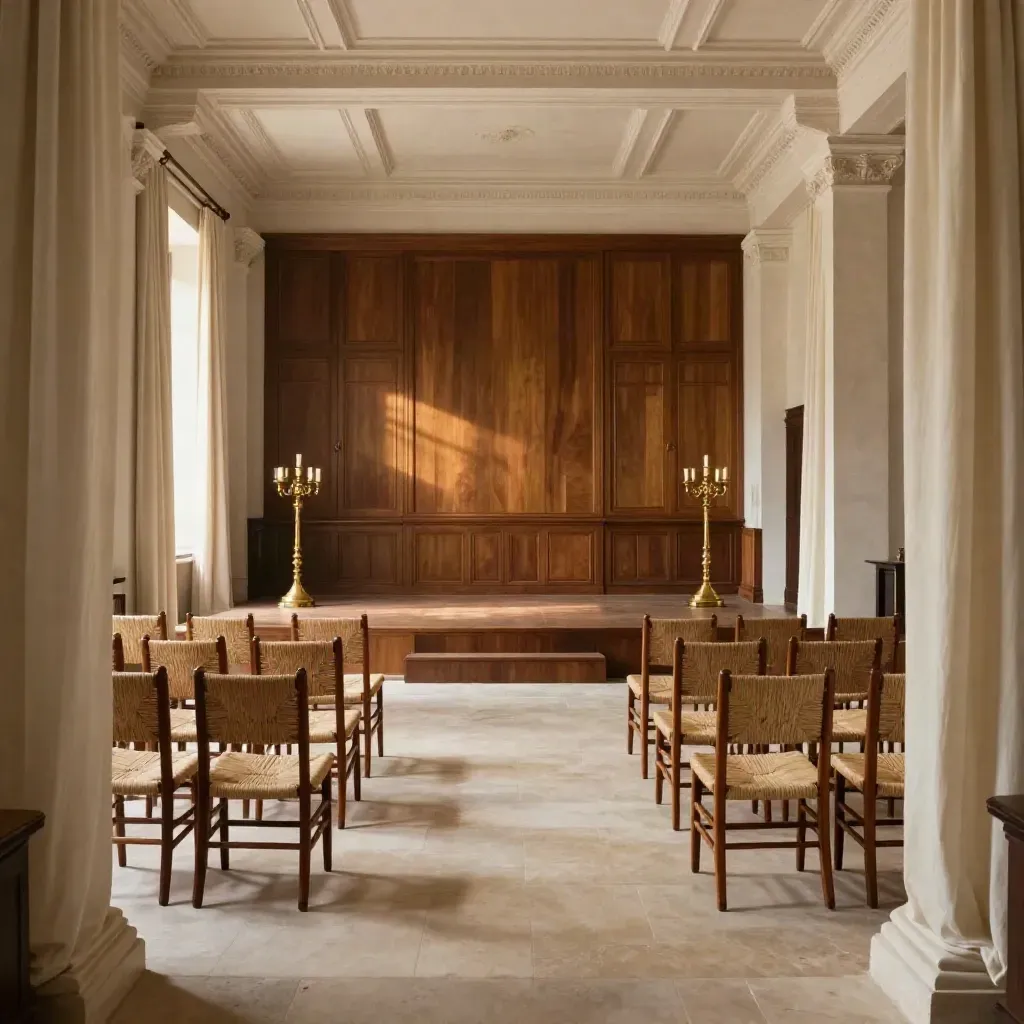 Sala eventi di Casa Museo pronta, con sedie impagliate, pedana vuota e candelieri bassi