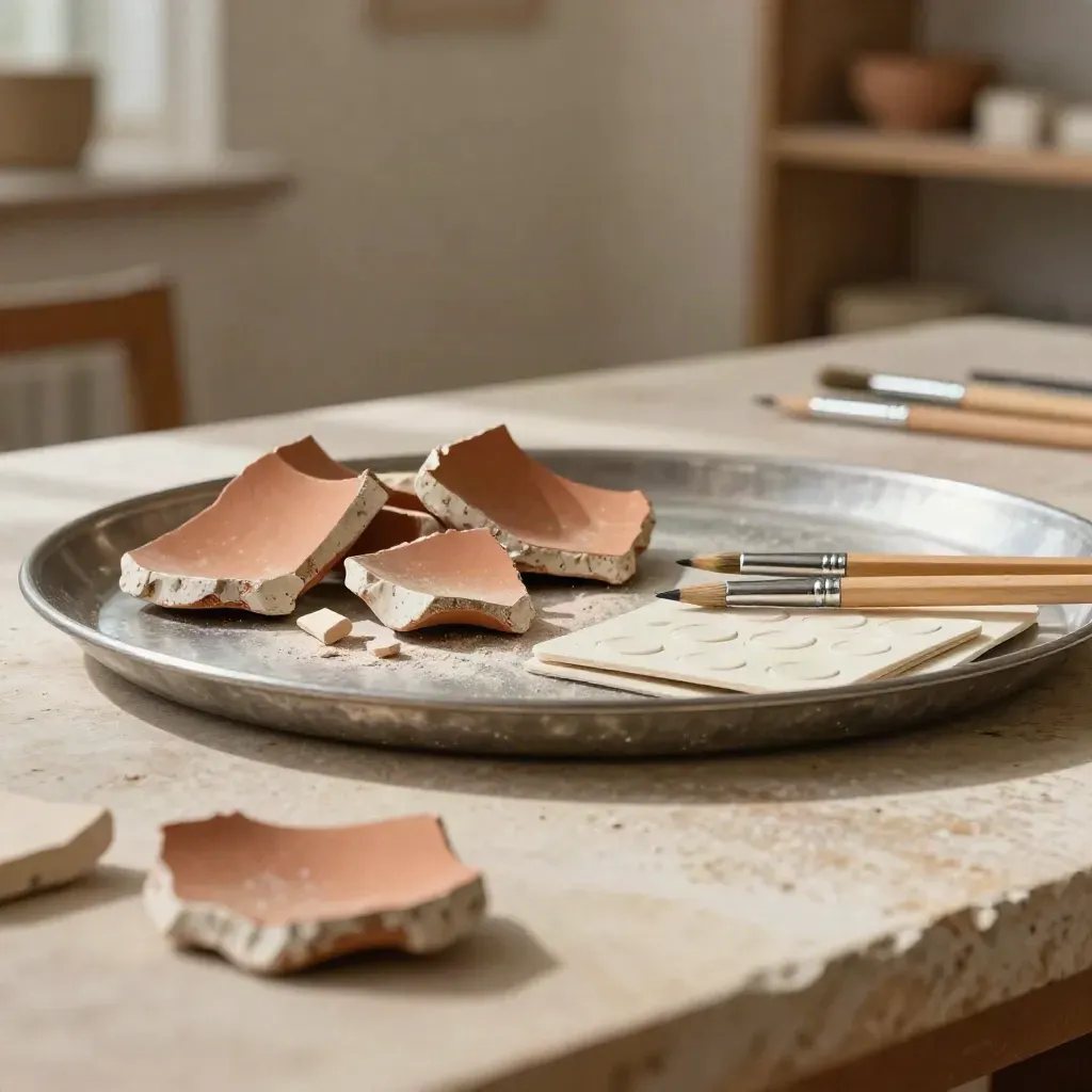 Postazione macro per laboratori familiari con frammenti ceramici replica, pennelli e schede tattili.