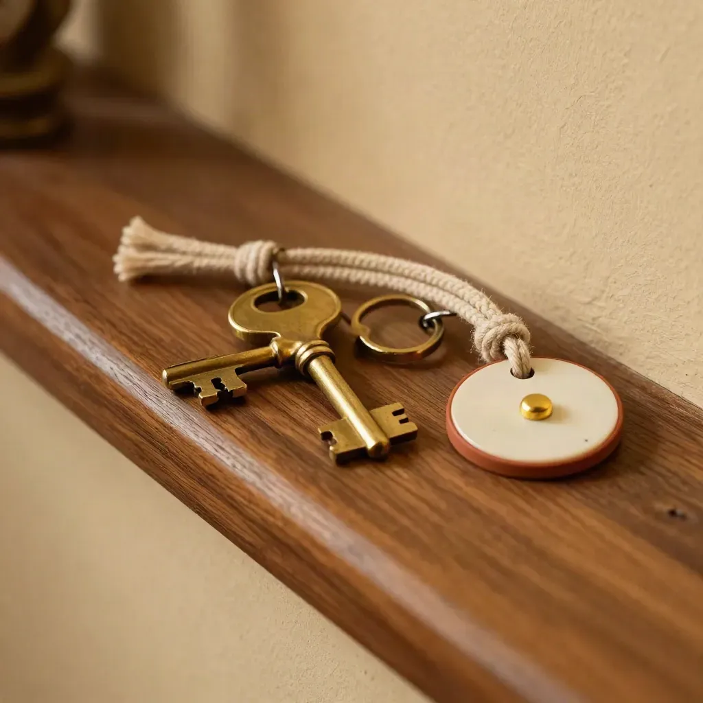 Chiave di sala in ottone, cordino di lino e segnale percorso su ledge di legno.