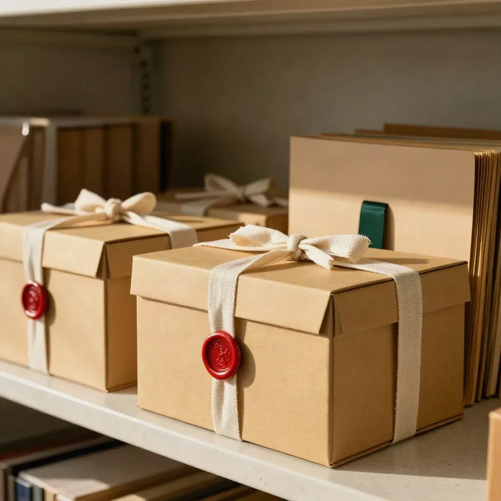 Scatole d’archivio, nastri di cotone e sigilli in ceralacca su mensola di pietra