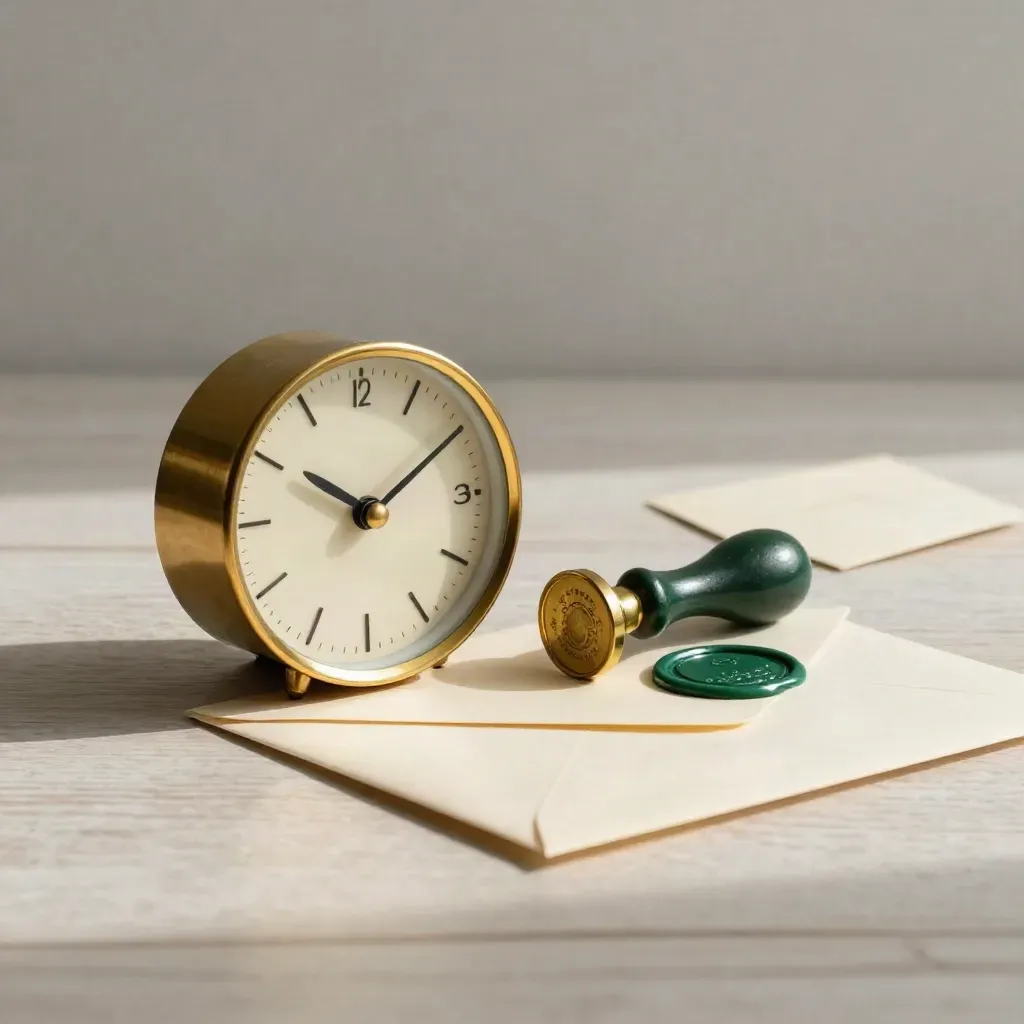 Orologio da tavolo, timbro in ottone e busta sigillata su legno chiaro.