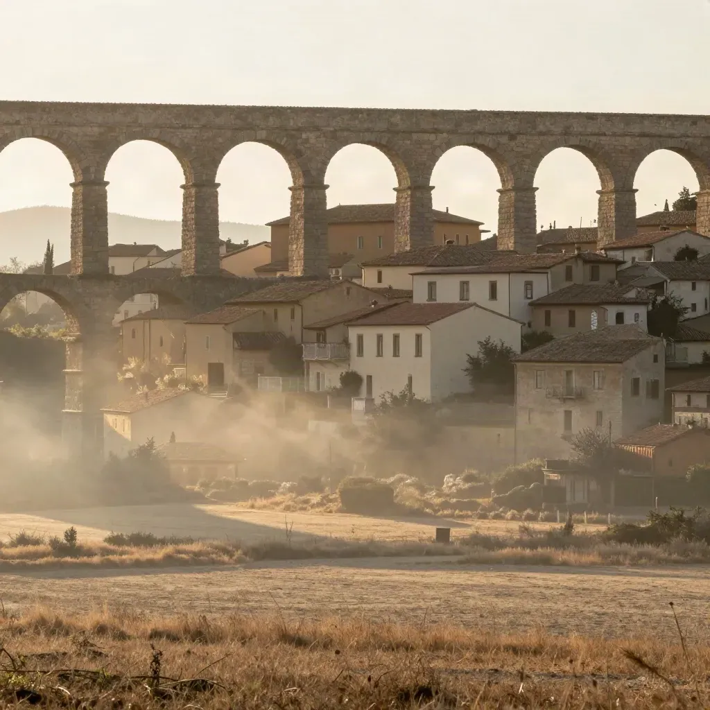 Acquedotto romano e borgo in tufo sopra una valle laziale luminosa e avvolta nella caligine