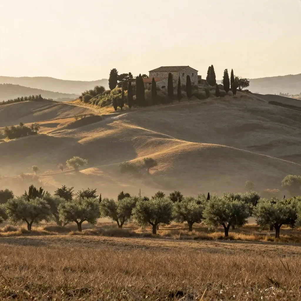 Colline toscane al tramonto con cipressi e casa colonica in pietra sulla cresta.