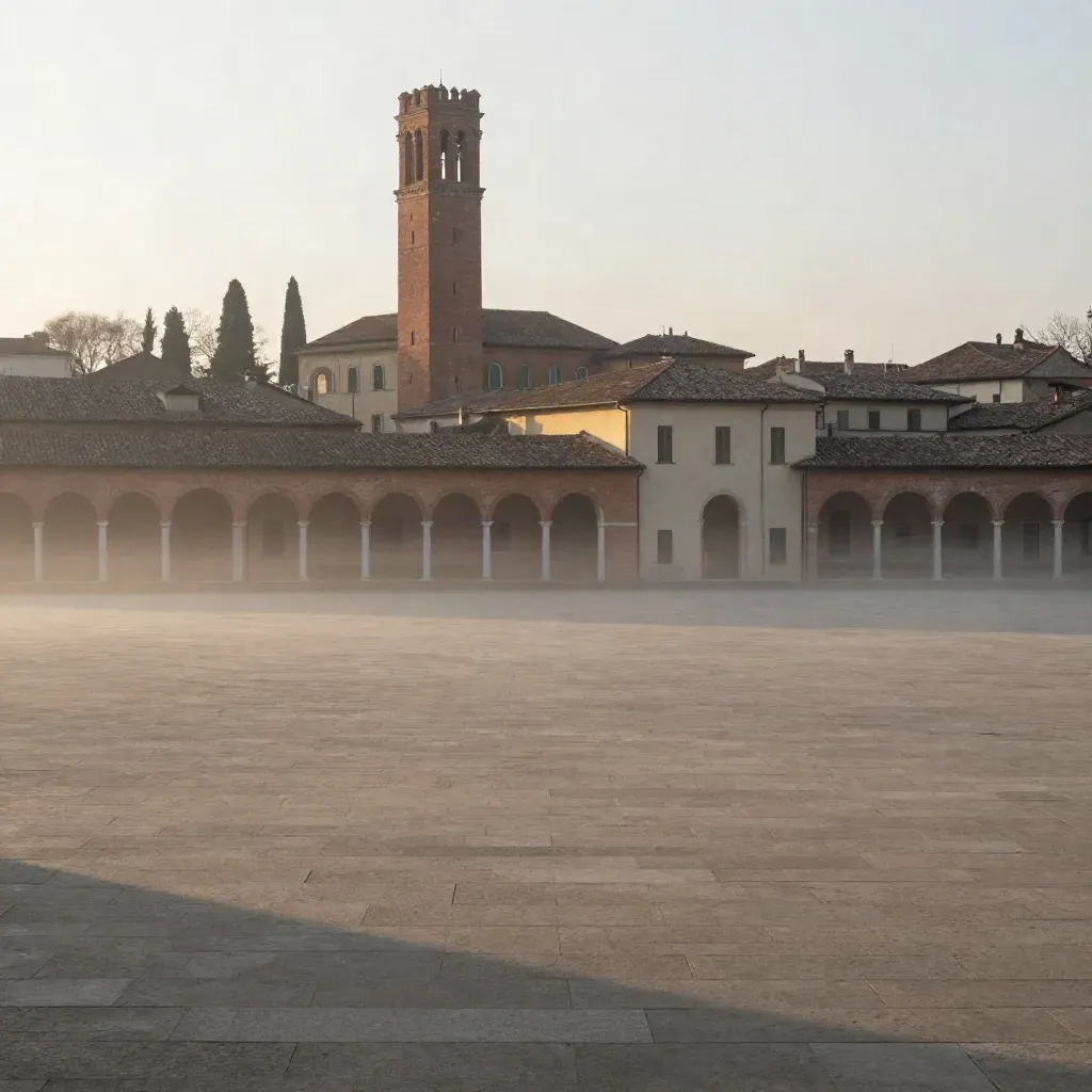 Portici e torri dell’Emilia-Romagna che emergono dalla nebbia, con spazio vuoto in basso