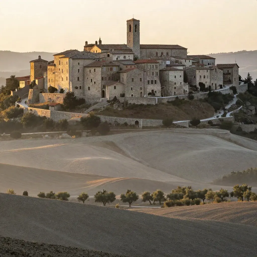 Borgo umbro-marchigiano in pietra chiara sopra una valle velata al tramonto.
