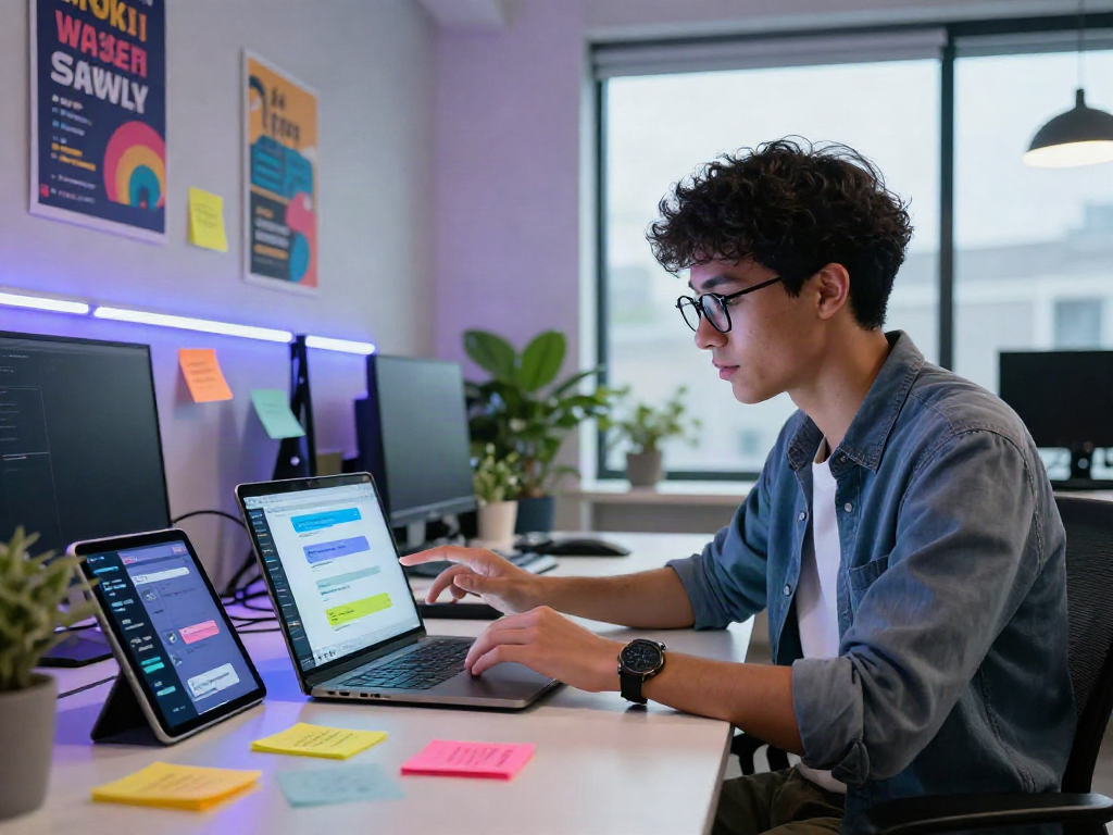Engaged professional using spicy chat AI technology in a modern workspace.