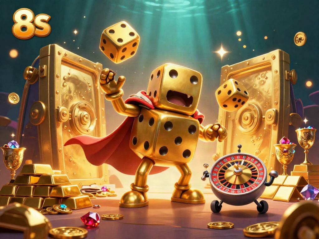 Engage with 8 S through vibrant 3D casino illustration featuring animated dice and treasure.