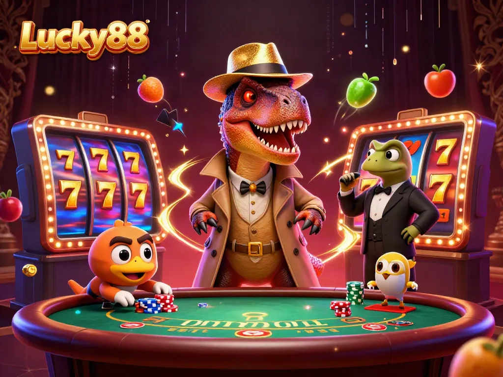 Lucky88’s vibrant illustration captures a thrilling blackjack table scene with a velociraptor, stegosaurus, and a pickpocket amidst dynamic slot elements.