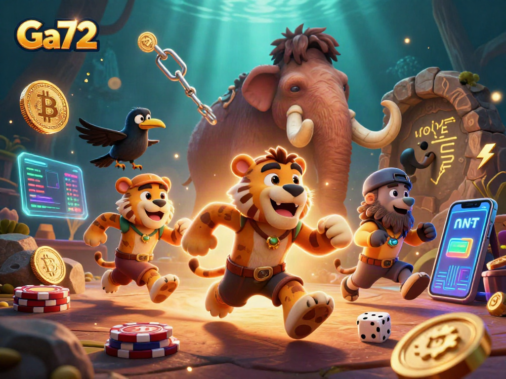 Bet on thrilling cockfighting at Ga72 featuring a vibrant prehistoric casino scene