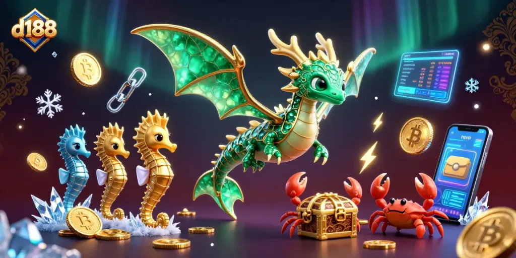 Engage in thrilling crypto casino adventures with d188's vibrant 3D sea dragon illustration.