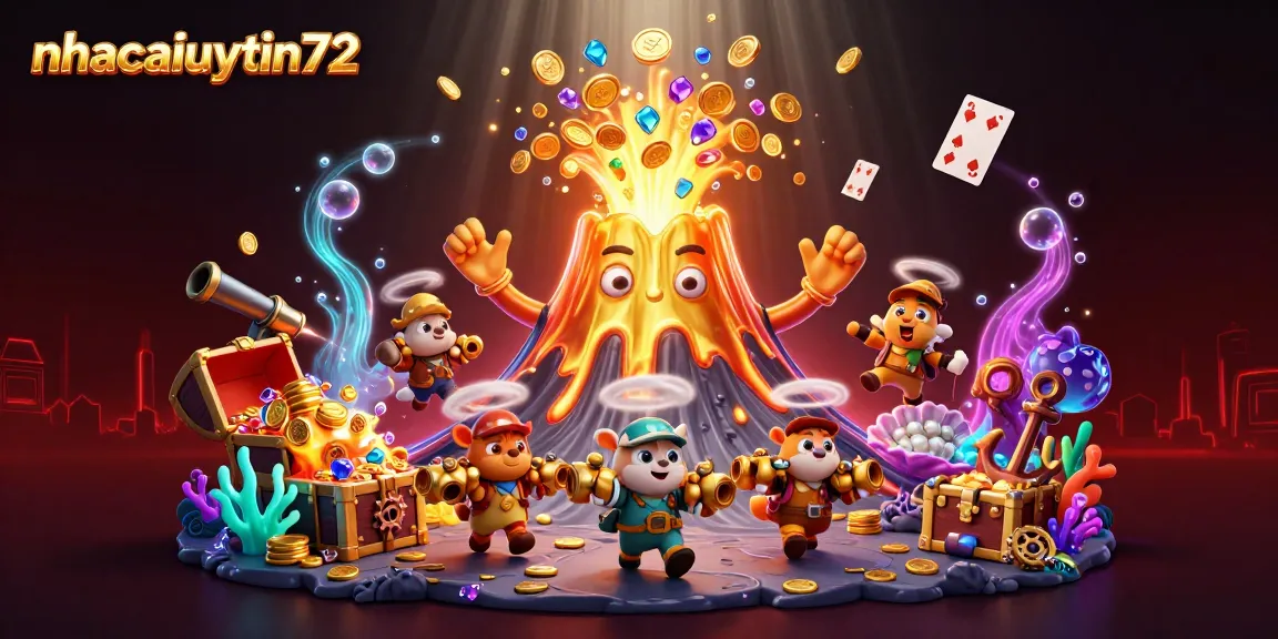 Experience thrilling wins at nhacaiuytin72, illustrated with a golden volcano erupting treasures and adventurers.