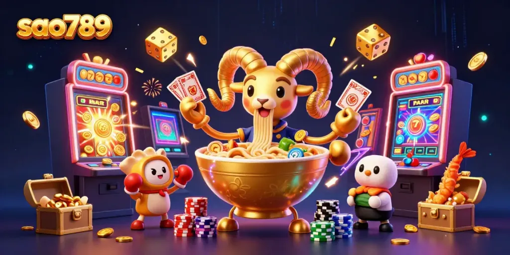 Sao789's vibrant casino scene featuring cartoon characters, slot machines, and lit elements creating an engaging atmosphere.