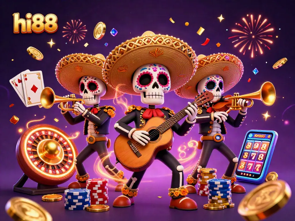 hi88 captures excitement in a vibrant casino scene with mariachi characters, spinning roulette wheels, and dazzling coins.