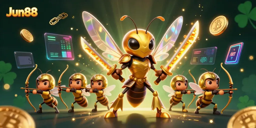Join Jun88 in an epic casino adventure with dynamic characters and vibrant elements representing online gaming.