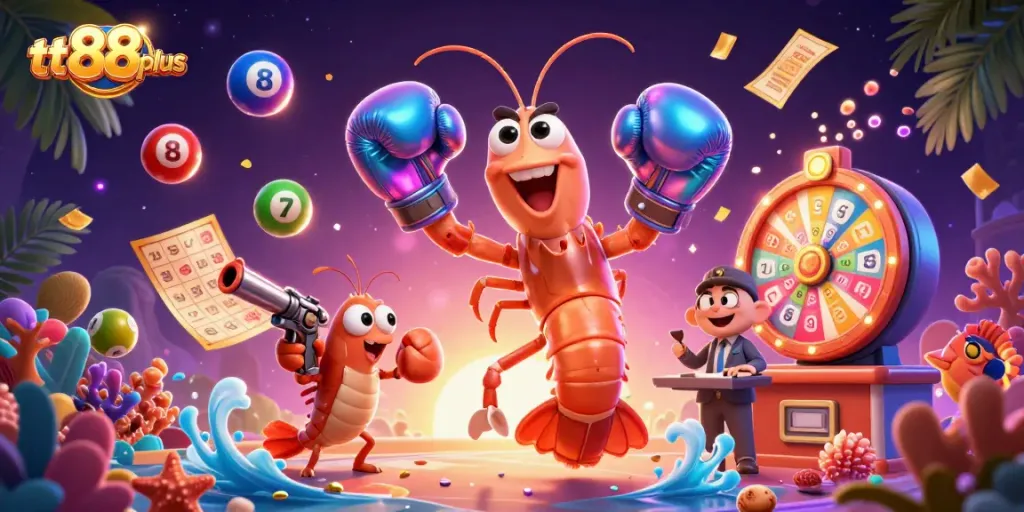 tt88plus brings excitement with vibrant lottery elements and dynamic characters in a casino-themed scene.