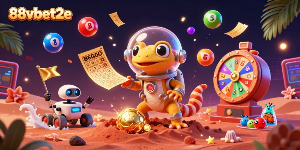 Engage with 88vbet2e in a vibrant 3D casino adventure featuring a Martian gecko and lottery elements.