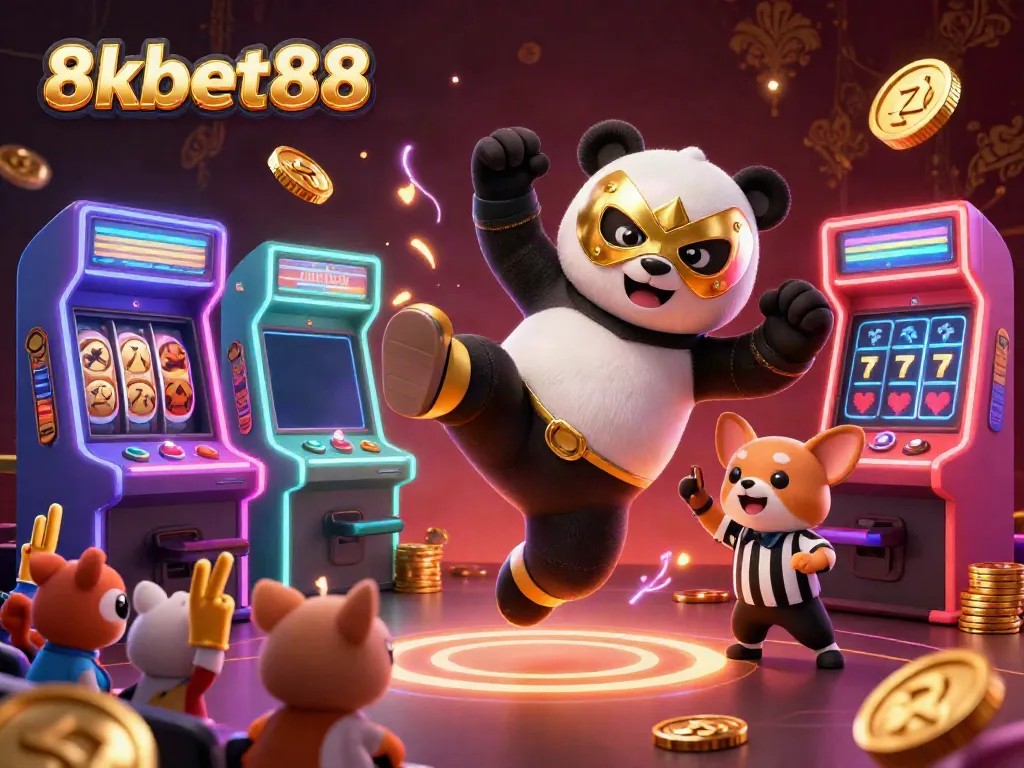 Engage with vibrant 8xbet88 gameplay featuring animated panda wrestler, chihuahua referee, and casino elements.