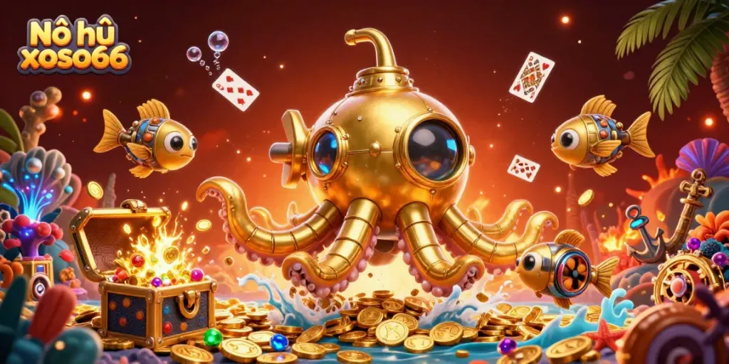 Nổ hũ xoso66 showcases a thrilling underwater casino scene filled with gold coins, slot reels, and prizes.