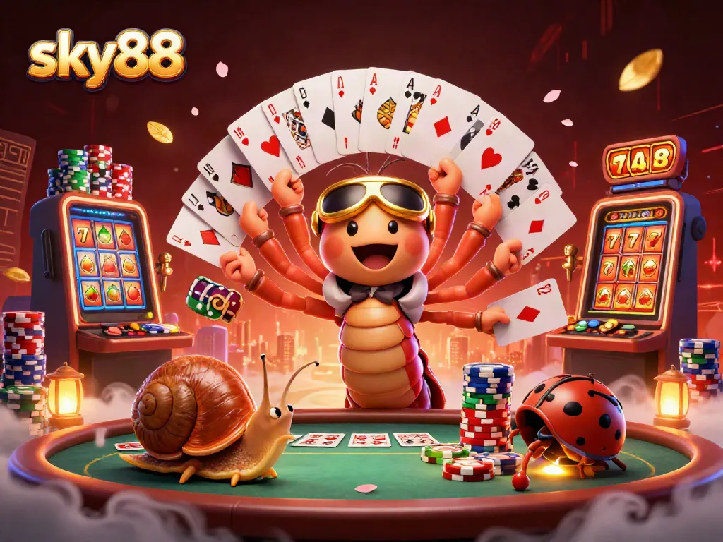 Engage with sky88's lively casino scene featuring a millipede dealer, vibrant slot symbols, and colorful chips.