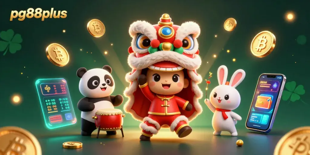 Engage with pg88plus in a vibrant 3D casino scene featuring festive characters and crypto elements.