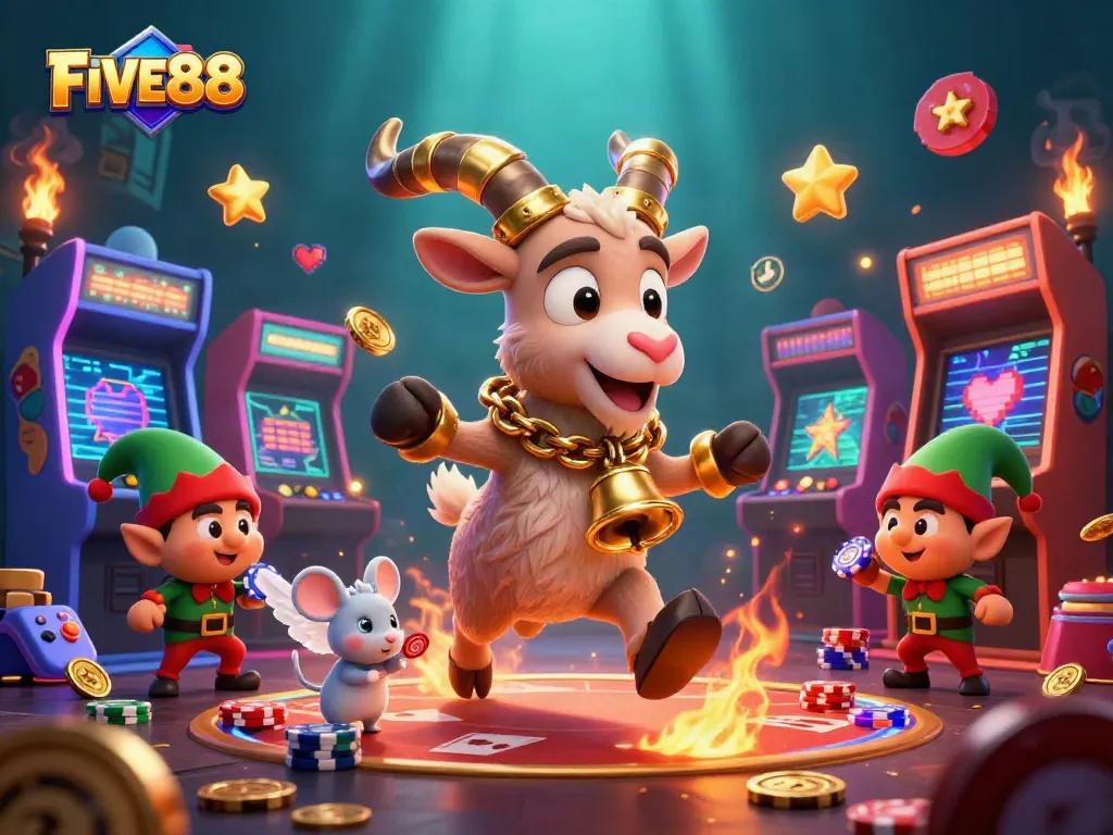 Engage with FIVE88's festive casino featuring Krampus and festive characters amid gaming chaos.